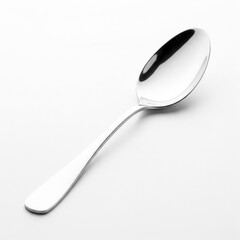 Single shiny silver metal spoon laying on a white table reflecting the ambient light with smooth rounded edges giving it a modern and elegant look on a white background .