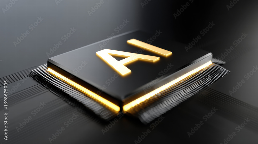Poster conceptual neural chip for data processing with glowing ai letters on sleek black surface, symbolizi