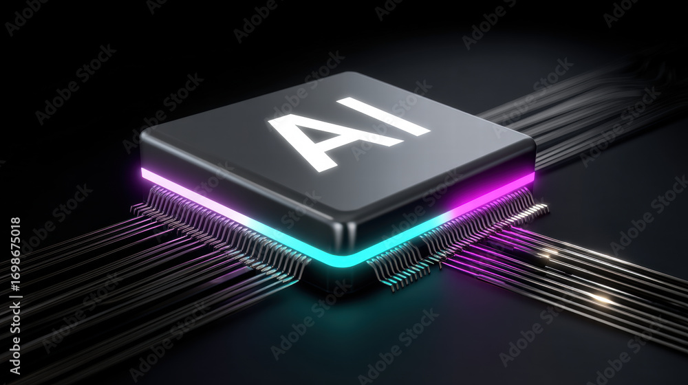 Aufkleber conceptual neural chip for data processing glows with futuristic light on dark background symbolizin