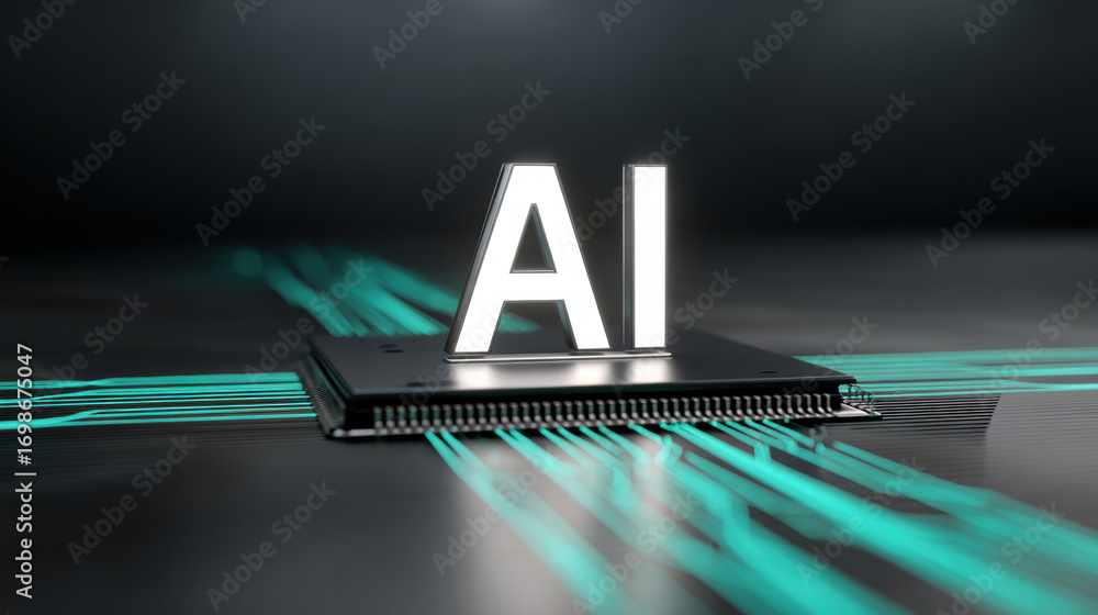Poster conceptual neural chip for data processing shown with glowing ai letters and futuristic circuit line