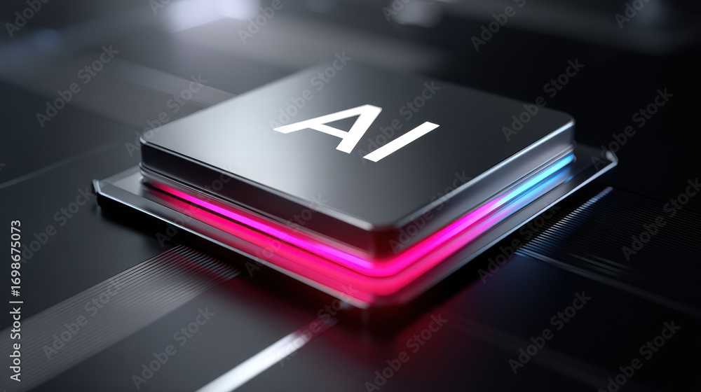 Poster conceptual neural chip for data processing with glowing light effect on dark background symbolizes a