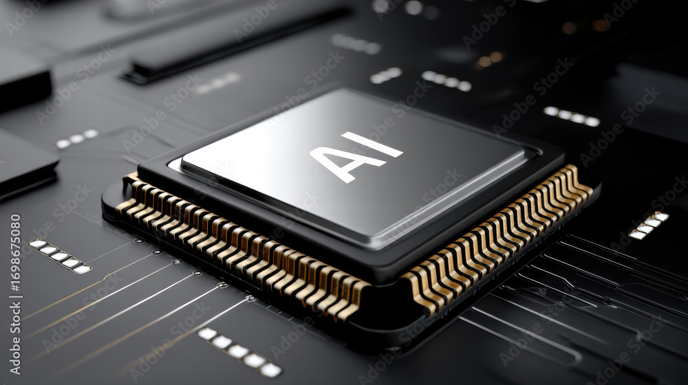 Poster conceptual neural chip for data processing shown on black circuit board with gold connector and futu