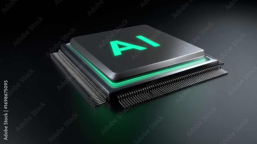 Poster conceptual neural chip for data processing shown with glowing ai letters on sleek black background, 