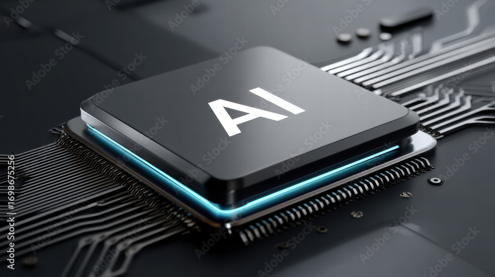 Poster conceptual neural chip for data processing shown on futuristic circuit board with glowing elements a