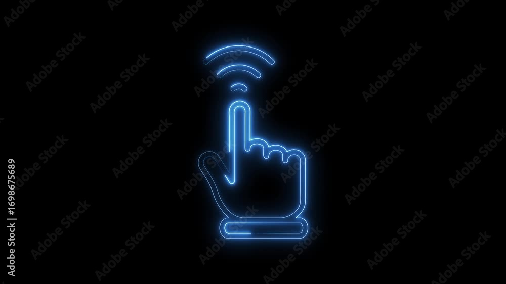 Poster Neon touch connection interface design with glowing hand cursor and wireless symbol