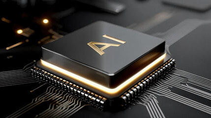 Cyber ai chip with light effects shines on black circuit board futuristic technology innovation concept