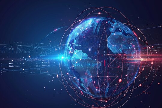 Digital globe network with orbiting lines and connections, showcasing global communications