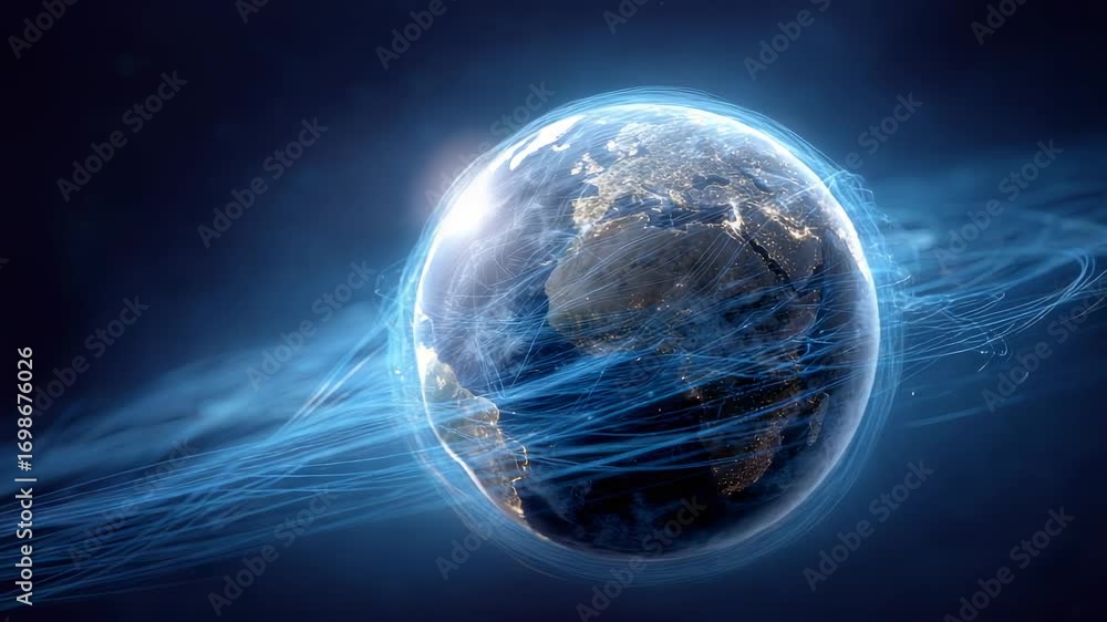 Leinwandbilder rotating planet earth illuminated by swirling blue data lines visualizing global communication netwo