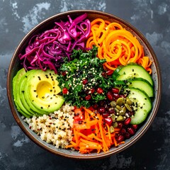 Colorful healthy bowl with various vegetables, quinoa, and avocado