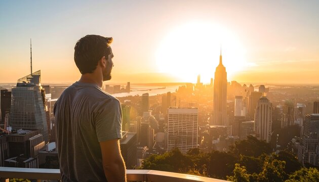 Man faces a golden cityscape at sunset, silhouetted on a balcony