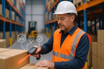 Scanning packages in a warehouse inventory management process logistics facility digital content industrial environment close-up view efficiency concept