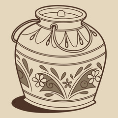 Handdrawn pot with floral pattern and handles isolated on beige background