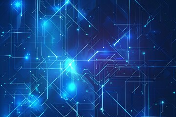Abstract digital circuit design with glowing lines and connected nodes in a blue hue