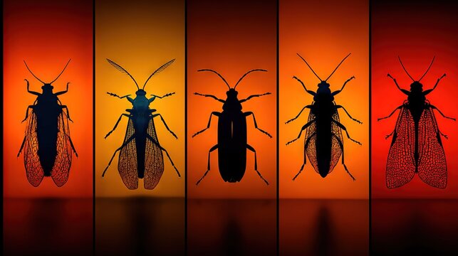   A swarm of insects gathered on top of a double-colored backdrop with a red and yellow theme, positioned against a black and orange background