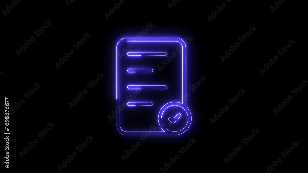 Aufkleber Glowing document with checkmark animation indicates completion and approval on black background