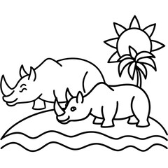 Whimsical rhino family enjoying sunny island life, perfect for children's book illustrations and educational resources, cheerful and bright, originally a scalable vector graphic