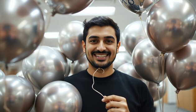 Smiling man holding balloon string surrounded by silver balloons  