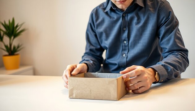 Man unboxing a small cardboard package while sitting at table  