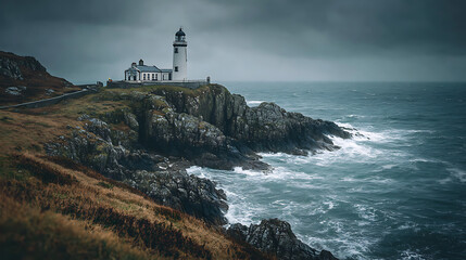 Fototapeta premium lighthouse guiding ships on rocky cliff during stormy weather with crashing ocean waves and overcast sky creating dramatic maritime seascape and serene coastal scene
