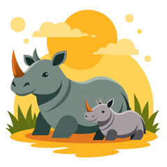 Adorable rhino family basking under the African sun, a charming wildlife scene perfect for educational materials and conservation campaigns, radiating warmth and the beauty of nature