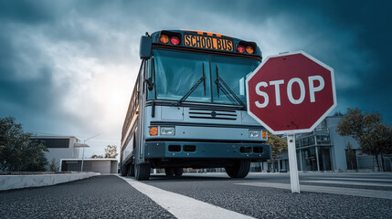 Fototapeta premium A school bus stops and extends its stop sign as children prepare to cross safely, highlighting caution, traffic rules, and child safety on roads.
