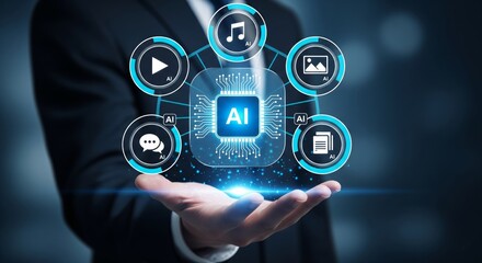 AI Chip Hologram with Five Multimodal Icons in Hand – Generative AI Concept