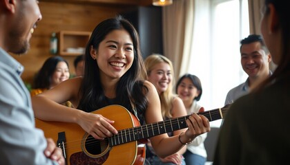 Fototapeta premium Young Asian woman playing guitar and smiling with friends indoors 