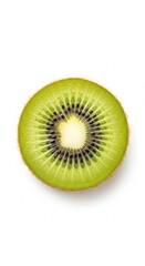 A vibrant and healthy kiwi fruit sliced in half, showcasing its green flesh, black seeds, and fuzzy brown skin, isolated on a clean white background creating a visually appealing composition .