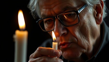 Fototapeta premium Elderly man lighting candle with focused expression indoors 