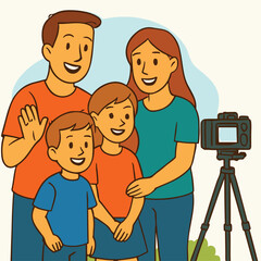 family taking picture at a tripod