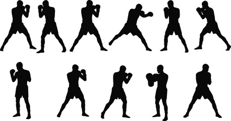 Boxing silhouette poses, male fighters in different stances, punching, defense, training, sparring, combat sports, martial arts, exercise, athletic movement