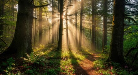 Obraz premium Sunlight streams through a misty forest, illuminating a path winding through the trees.