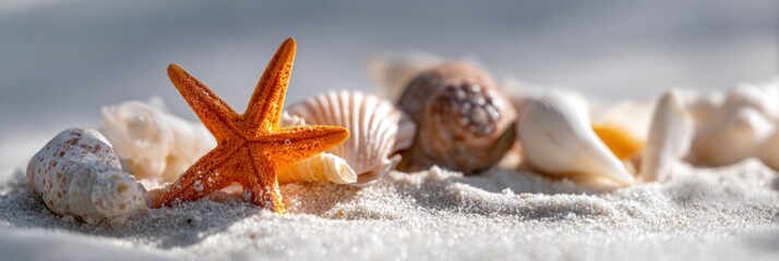 Close-Up of Vibrant Orange Starfish Surrounded by Assorted Seashells on White Sandy Beach Under Bright Sunlight, Capturing Coastal Nature and Summer Vibes