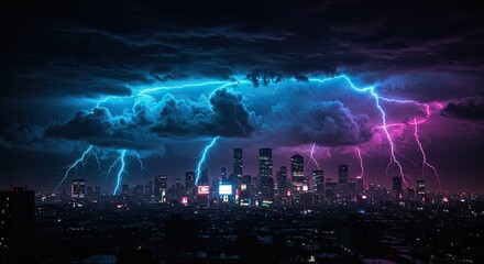 Lightning storm over a city skyline with blue and purple lightning bolts