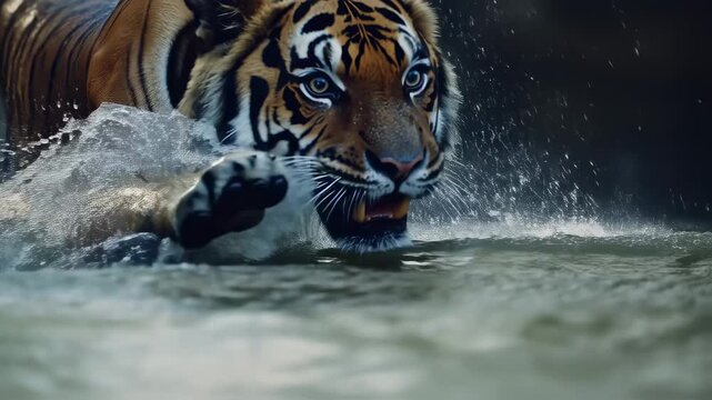 Spectacular Wildlife Footage: A Tiger Charging Through the Flowing Water