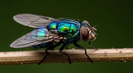 Obraz premium Iridescent Fly Resting on a Twig, Macro Shot with Detailed Wing Veins