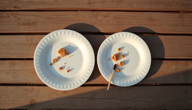 Two empty plates with cookie crumbs on wooden table  