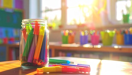 Colorful Markers in Glass Jar with Sunlight in Classroom Setting