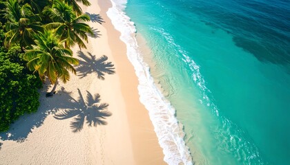 Aerial view of a tropical beach with palm trees