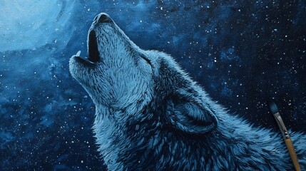 An artistic depiction of a wolf howling under a starry sky with a paintbrush