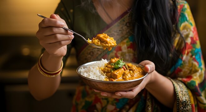 Close-up of person enjoying Indian curry with basmati rice, rich spices, and vibrant flavors.