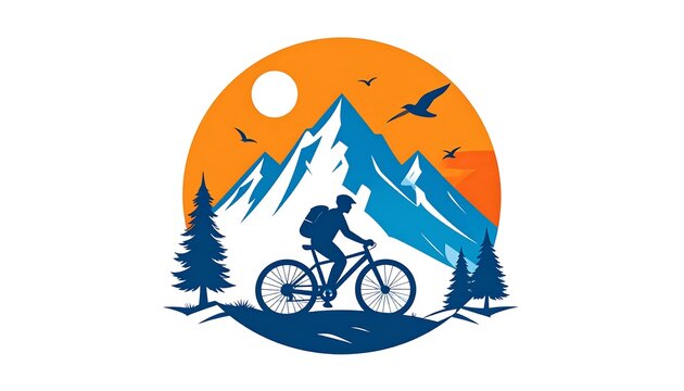 Mountain biker silhouette against a backdrop of mountains and a sun