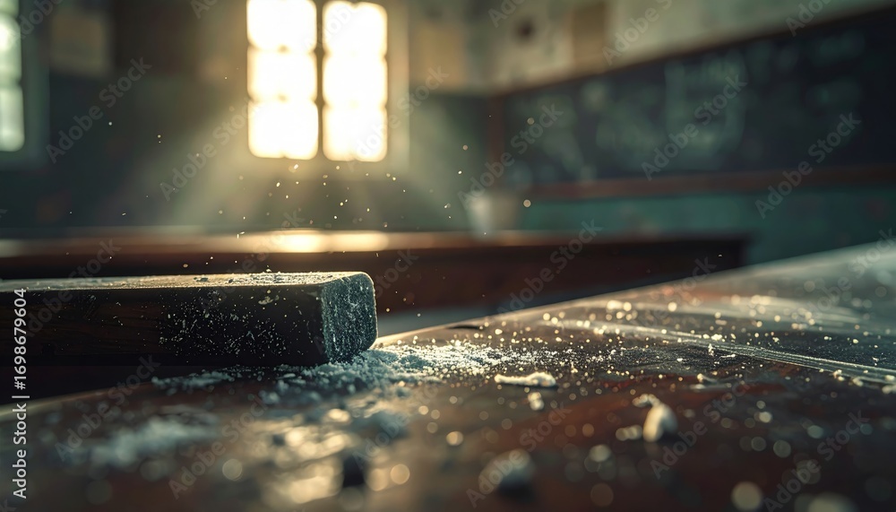 Poster dust particles floating in sunlight in abandoned classroom scene
