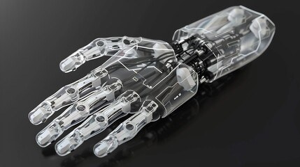 Futuristic Robotic Hand with Transparent Components and Intricate Internal Mechanics