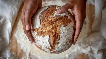 Rustic sourdough bread with floury baker’s hands