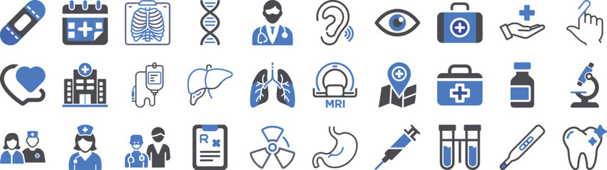 Fototapeta premium Comprehensive hospital and medical icons collection for healthcare and science communication projects vector
