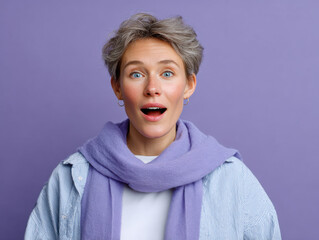 Surprised woman opening mouth showing amazement wearing purple scarf on purple background