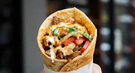 Delicious Turkish shawarma wrapped in soft pita bread served on a wooden table.