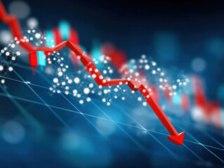 Red arrow pointing down representing decreasing business graph on digital background
