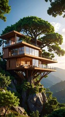 A modern treehouse nestled in a mountain